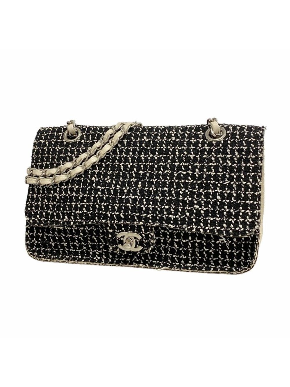 Chanel Shoulder Bag Tweed Black Ivory Silver